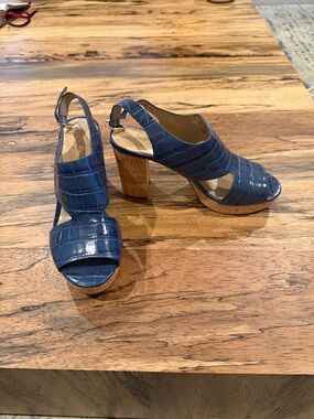 Ralph Lauren Blue Croc-Embossed Cork Platform Slingback Heels